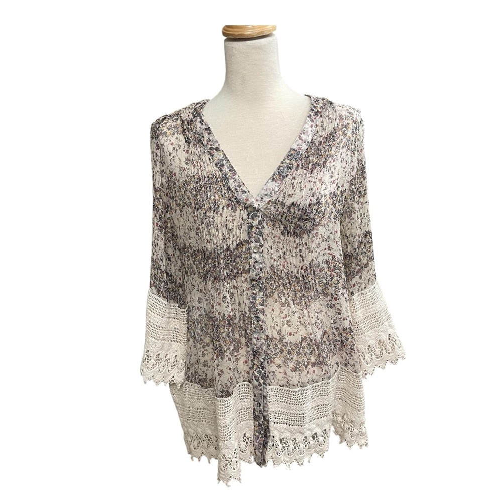 Sundance  Multicolored Floral Sheer Lace‎  Silk Button Front Top Size Medium